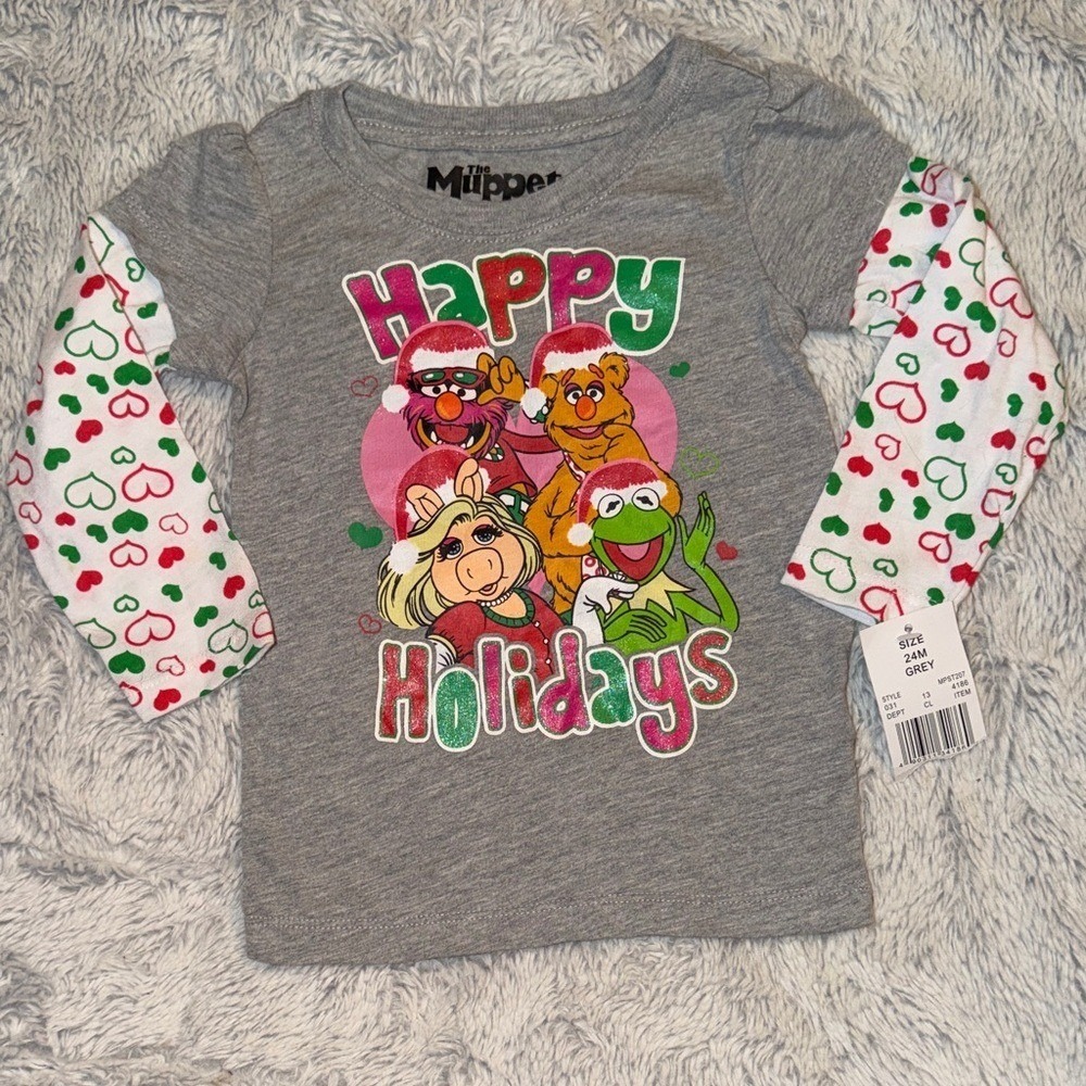 The Muppets Happy Holidays Graphic Long Sleeve T-Shirt Grey 24M Christmas Kermit